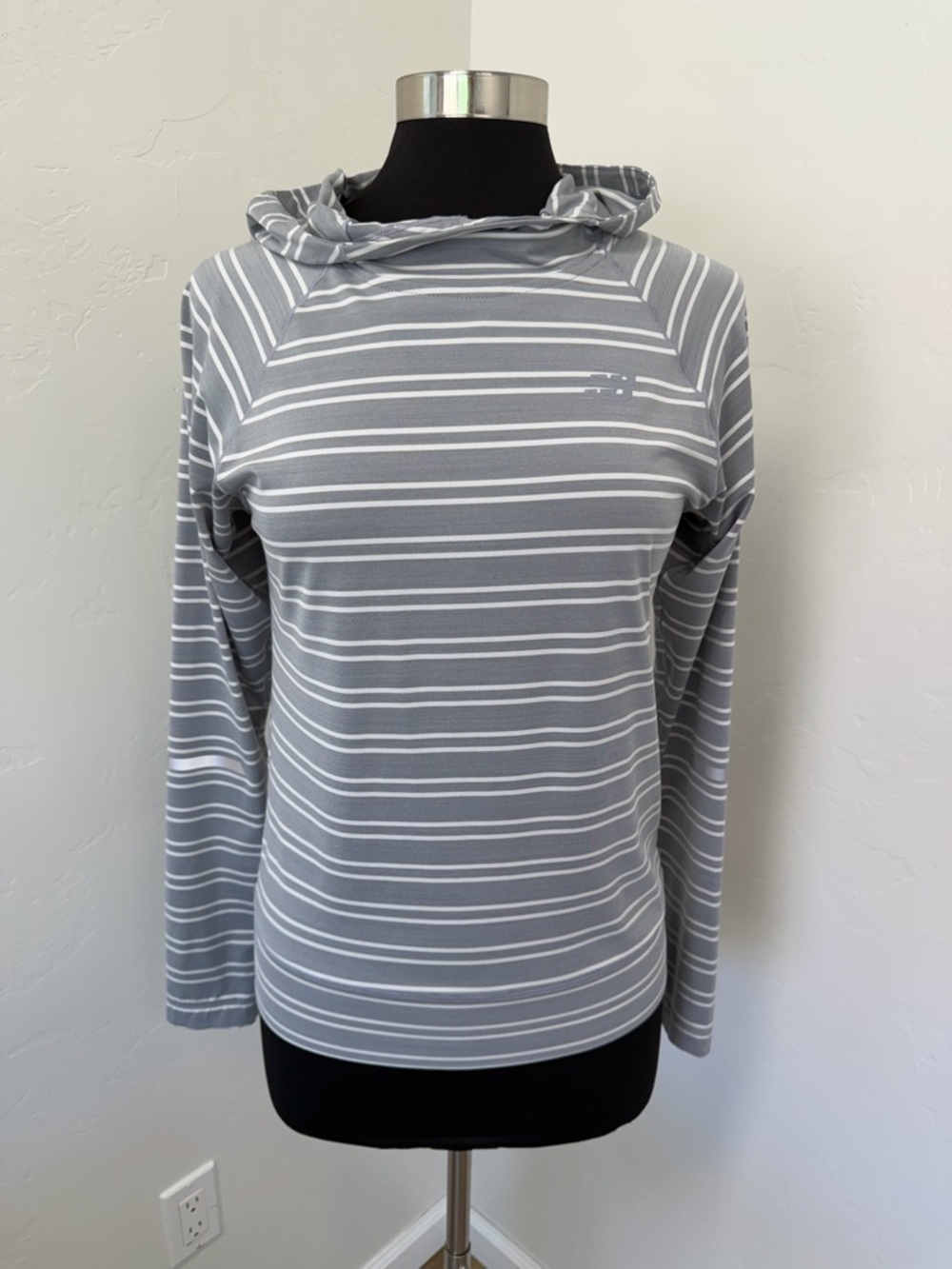 New Balance Gray and White Striped Hoodie Running Top Size S